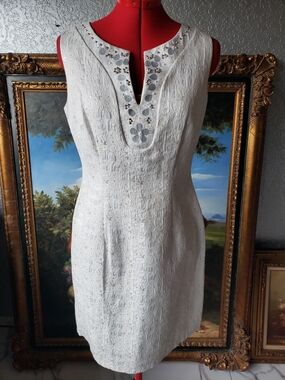 Helene Blake Embellished Ivory Mini Dress with V-Notch Neckline